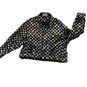 Kate Hewko Sequin Checker Bomber Jacket Black Gold Silver NWT